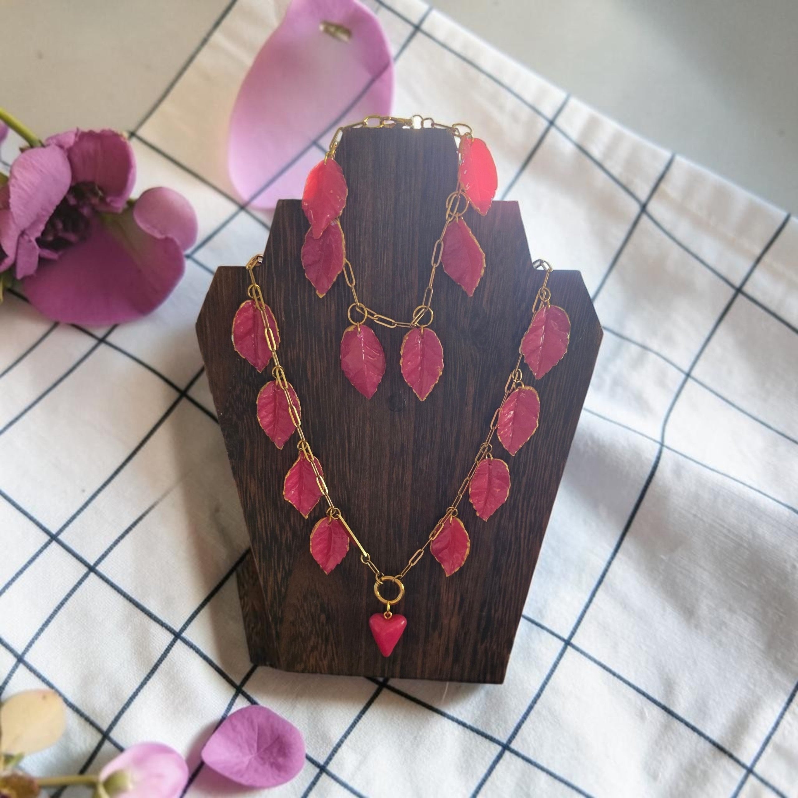 Pink Leaf & Heart Necklace + Bracelet Set