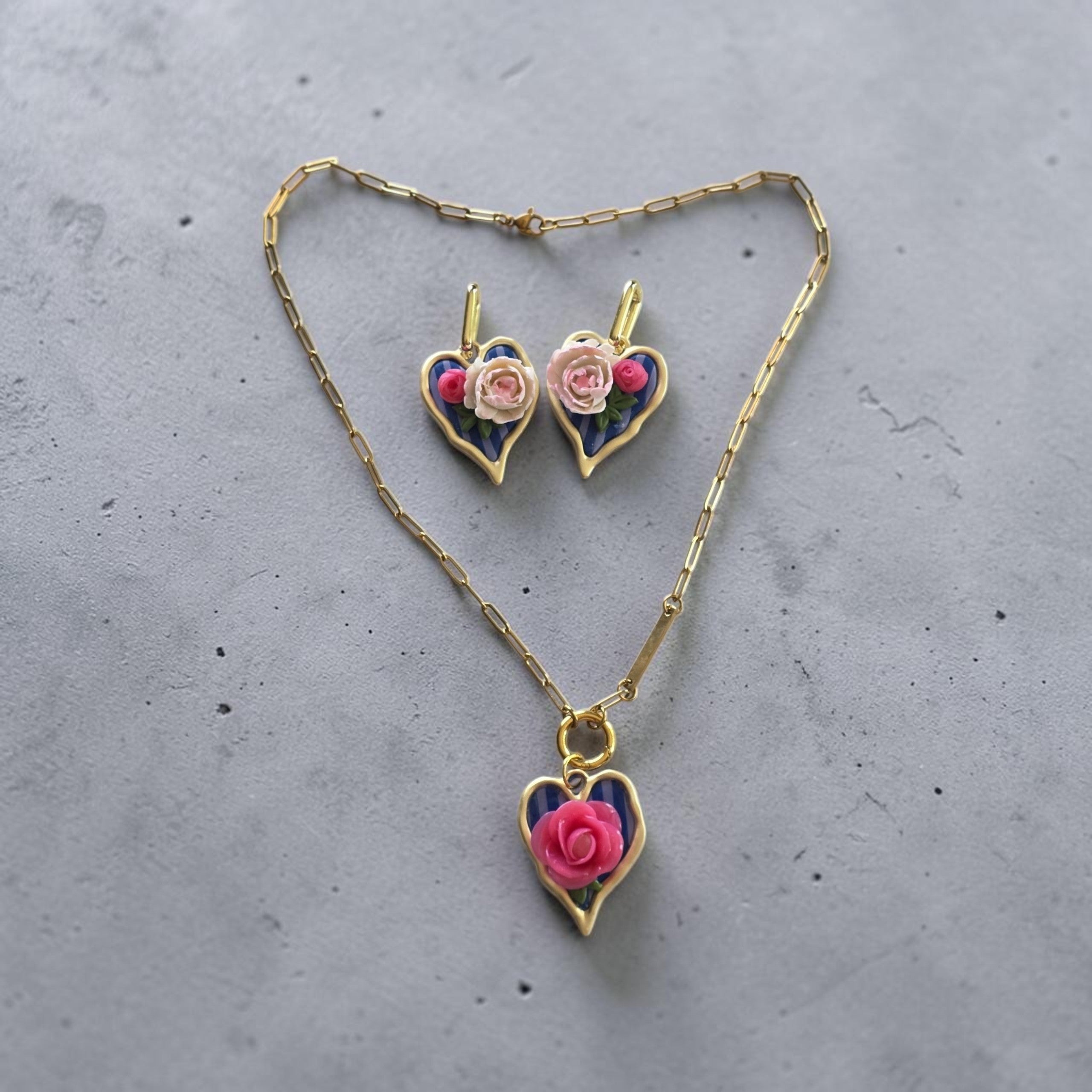 Rosette Heart Set - necklace and earrings flat lay