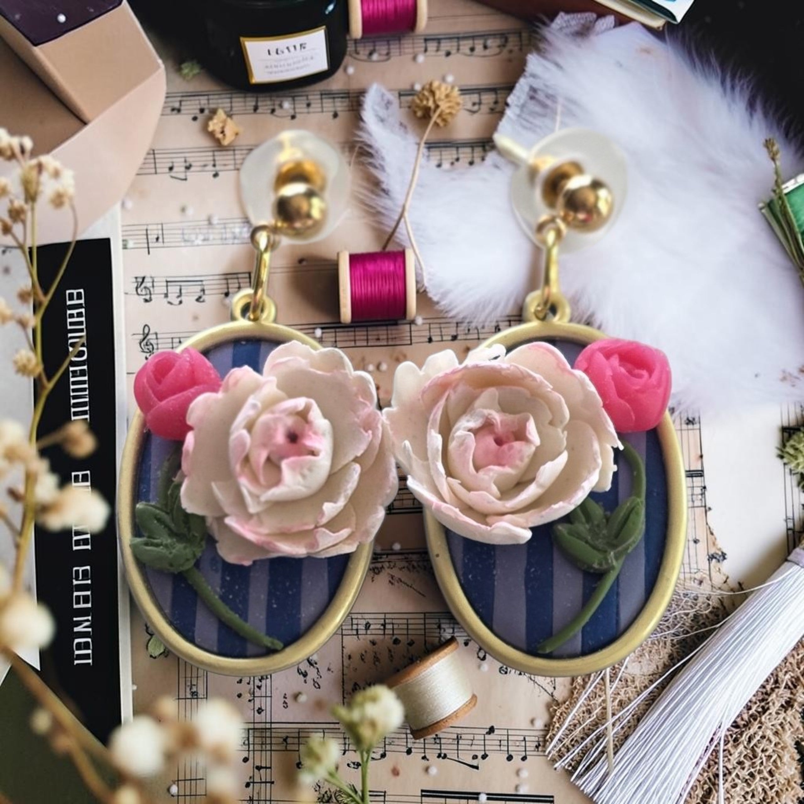 Peony Portrait Earrings - oval gold frame with blush peony