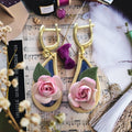 Garden Teardrop Earrings - gold teardrop frame with pink rose