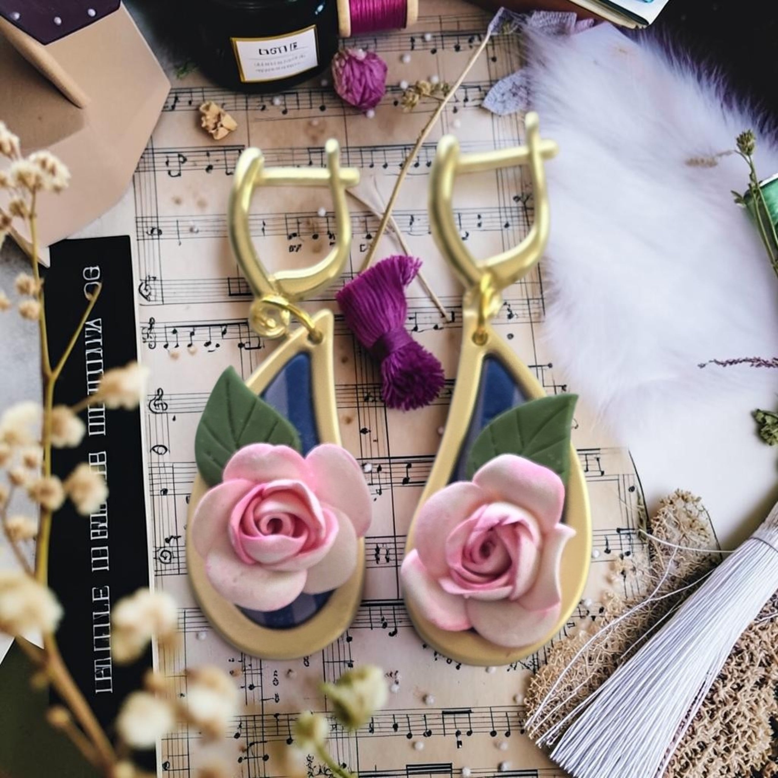 Garden Teardrop Earrings - gold teardrop frame with pink rose