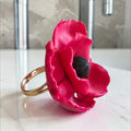 Magenta poppy flower ring with silver adjustable band