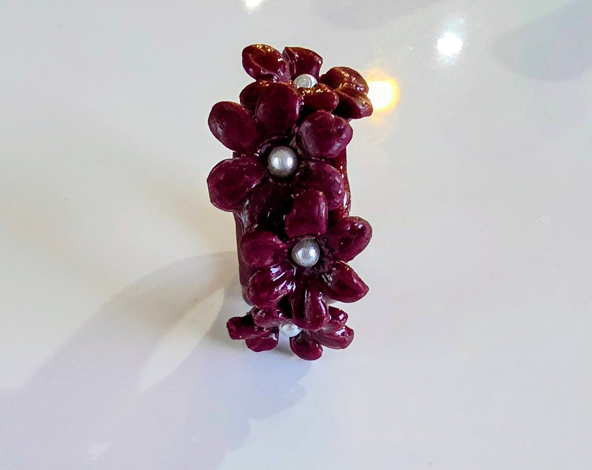 Burgundy Floral Pearl Ring Size 5