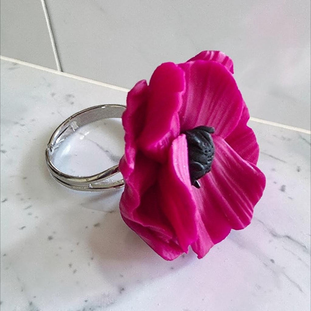 Hot pink poppy flower ring with gold adjustable band